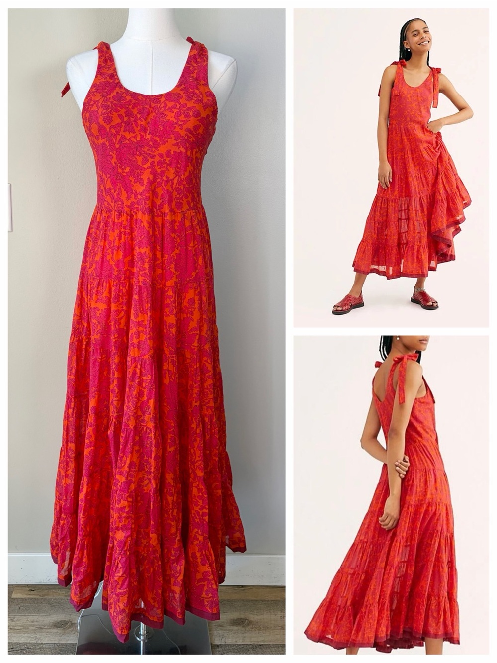 Free People Kikas Printed Bow Tie Strap Tiered Midi Dress in Tangerine and Pink